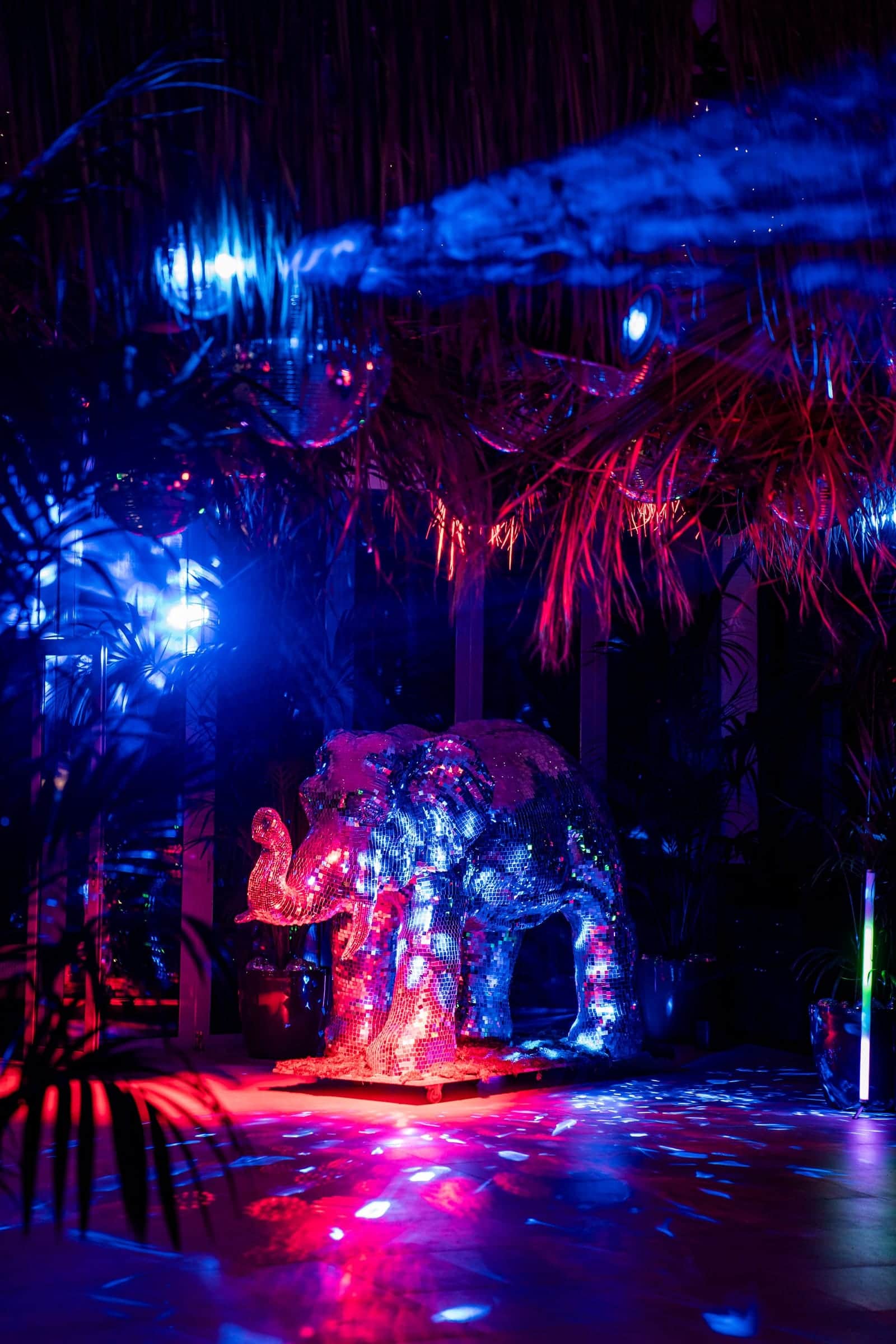 Party dance floor with a mirror-ball elephant, palm fronds and blue lighting beams